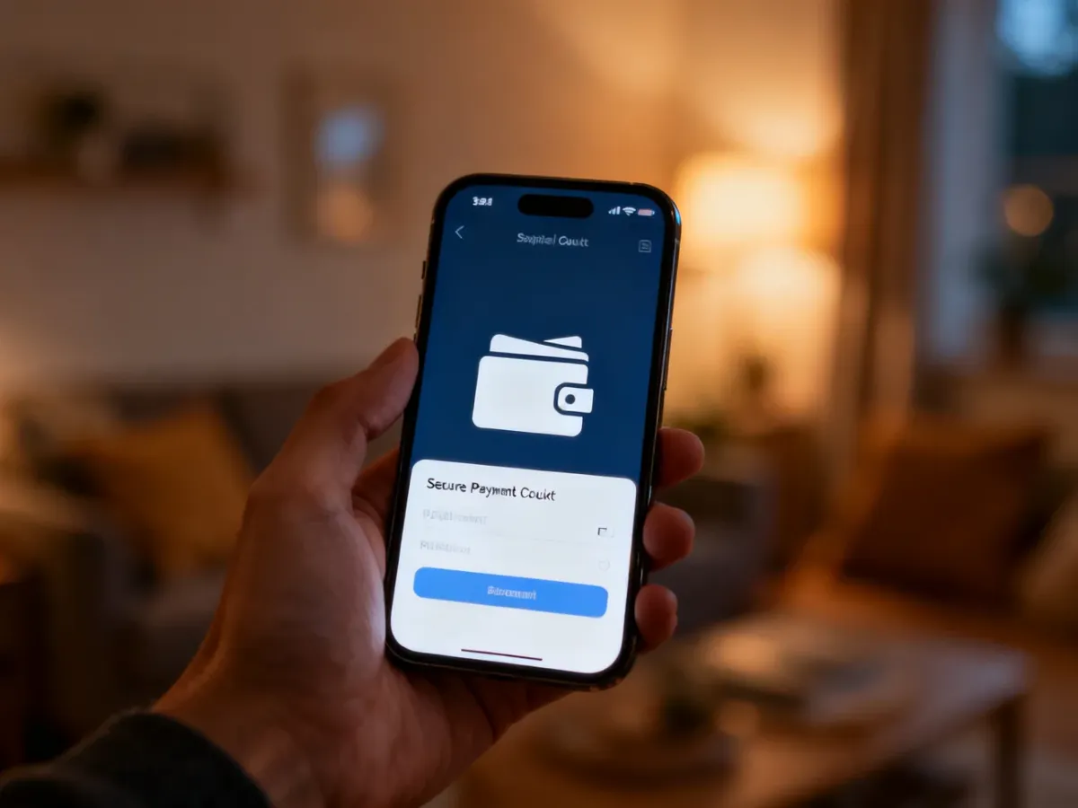 Dłoń trzymająca smartfon z widocznym ekranem płatności cyfrowym portfelem w przytulnym wnętrzu domu.