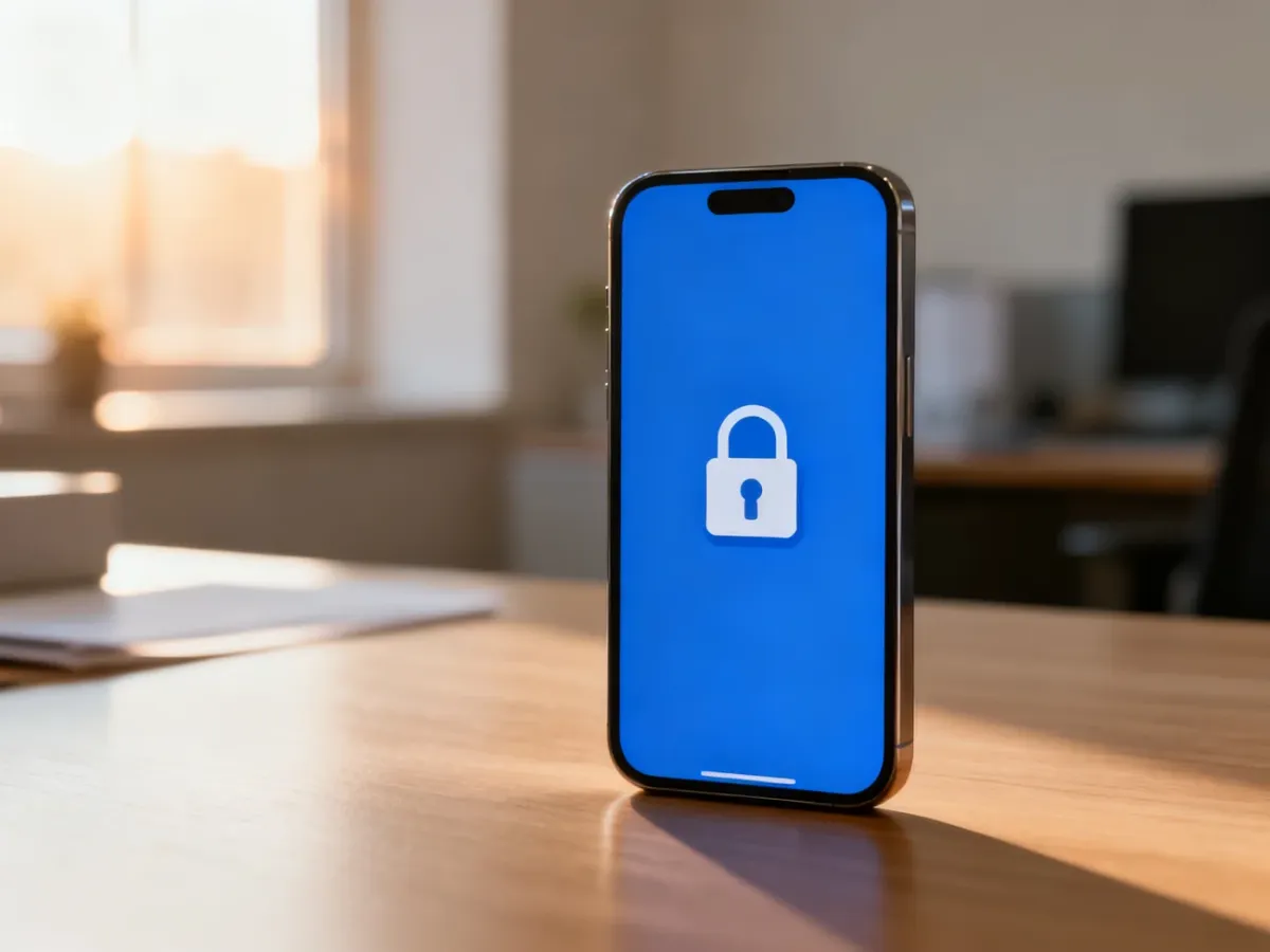 Smartfon z ikoną bezpiecznej płatności na ekranie, leżący na biurku w profesjonalnym biurowym otoczeniu.