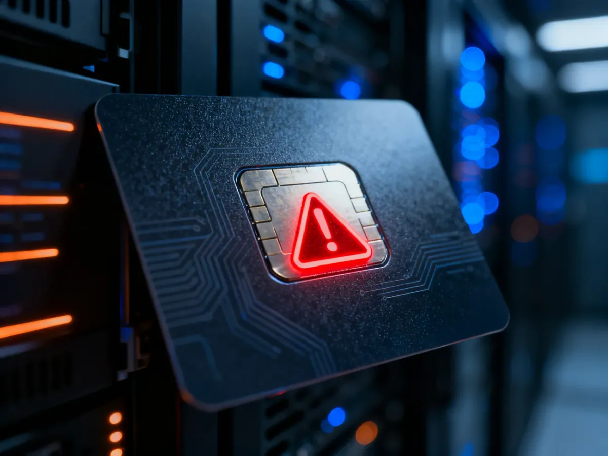 Karta inteligentna z podświetlaną na czerwono ikoną błędu na tle serwerowni, symbolizująca awarię techniczną.