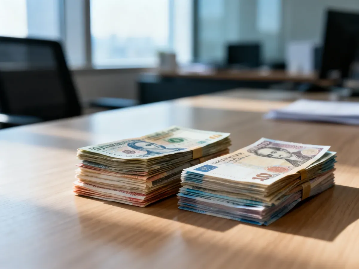 Dwa stosy różnych banknotów na drewnianym biurku, symbolizujące wymianę walut w kontekście finansowym.
